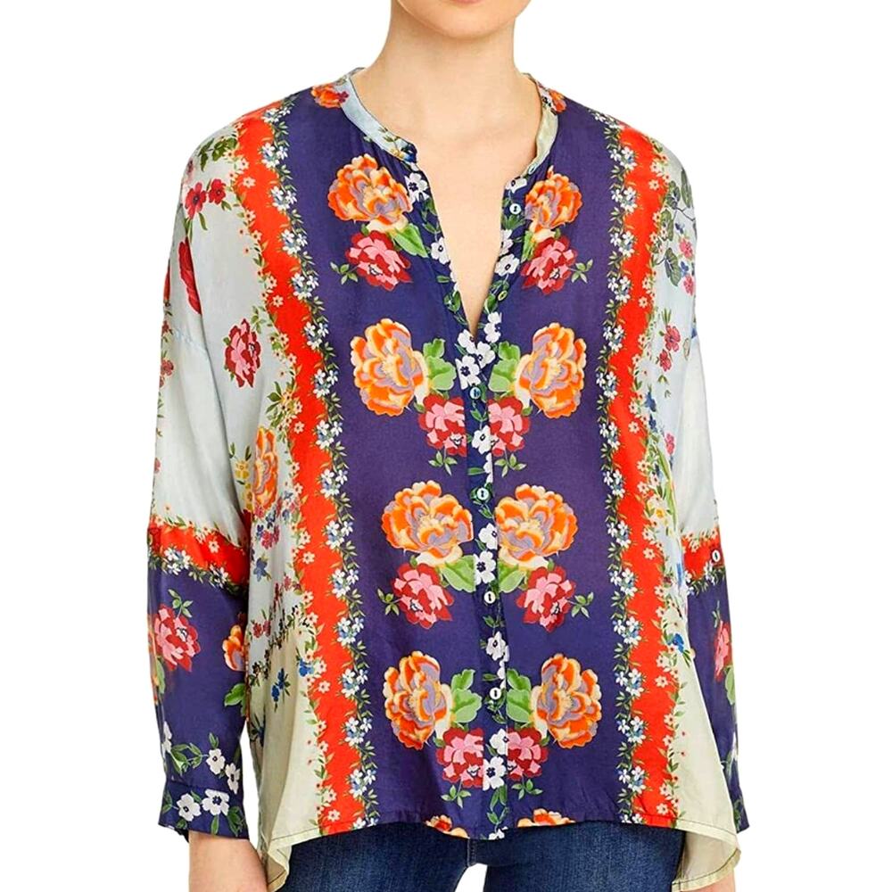 Johnny Was Long Sleeve Floral Silk Tunic Top Button Down Size Medium